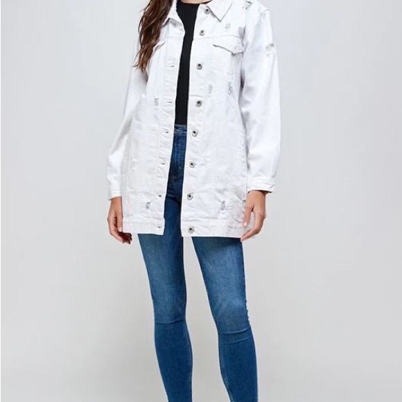 Giraffe Bling Oversized Distressed White Denim Midi Jacket - Picture 11 of 13